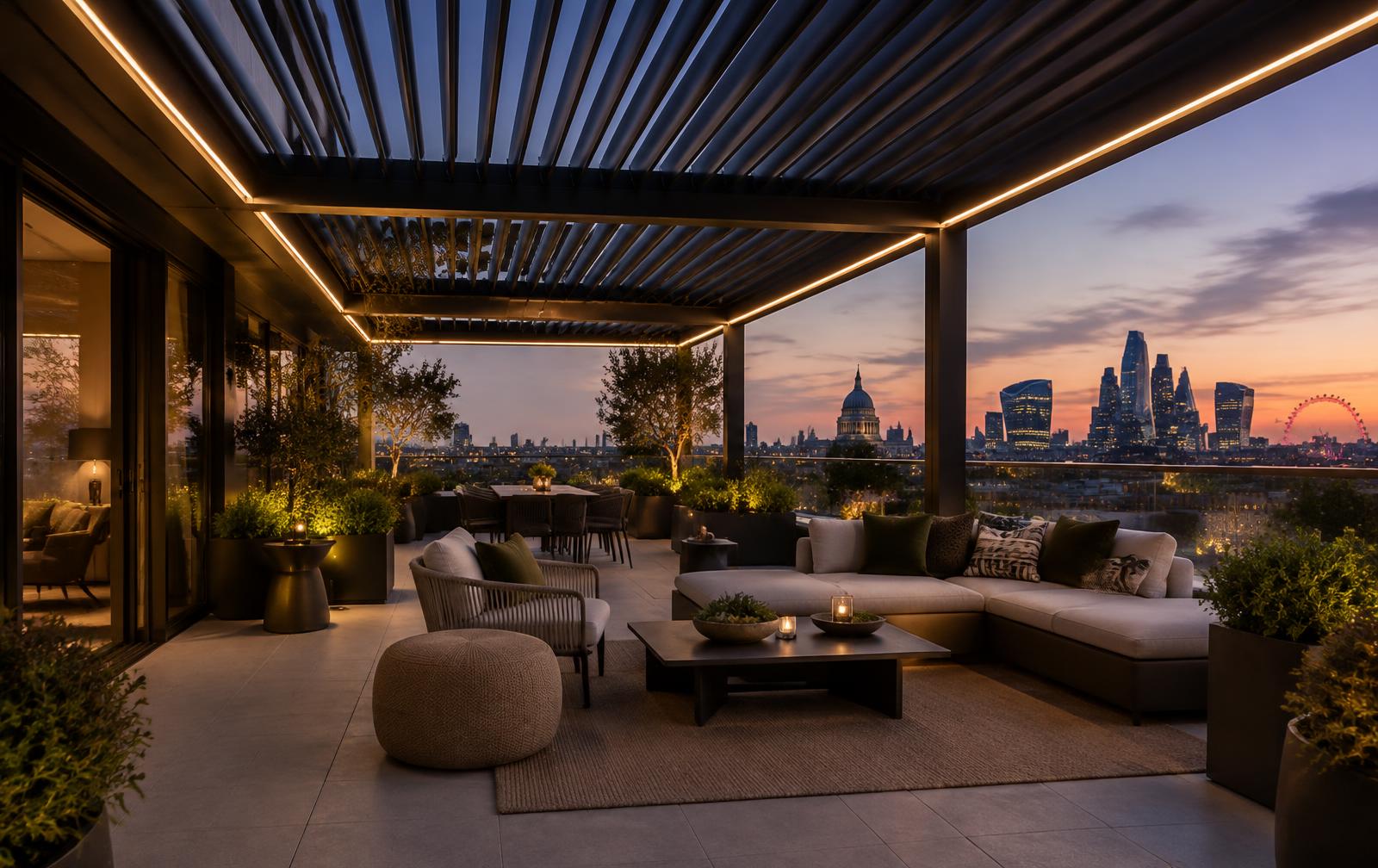 Hotel rooftop terrace under a louvred pergola with integrated lighting